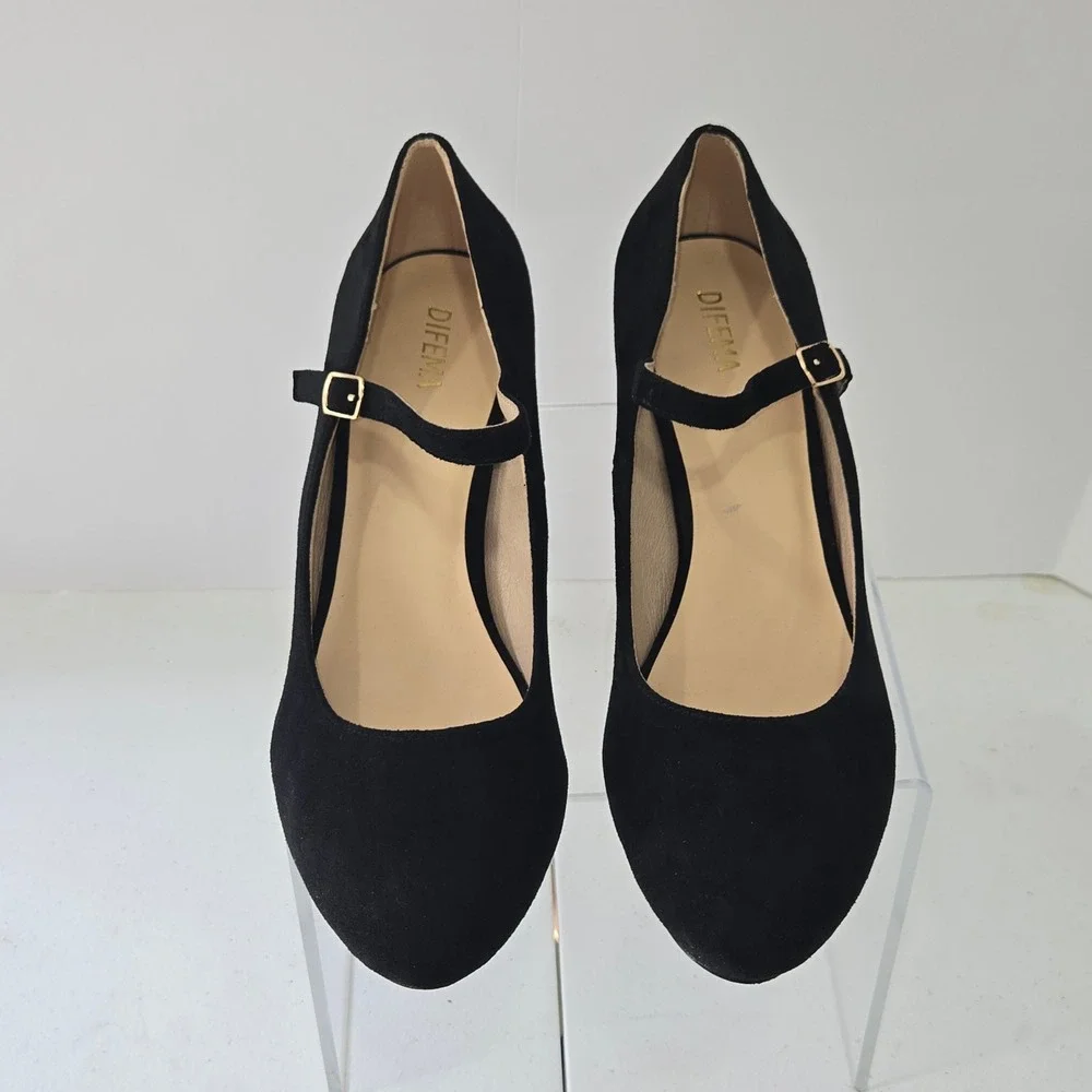 Difema Womens Black Faux Suede Mary Jane Wedge Heels Pumps Size 10 Round Toe